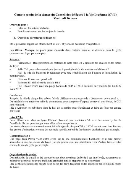 Compte rendu de la sÃ©ance du Conseil des ... - LycÃ©e Jean Perrin