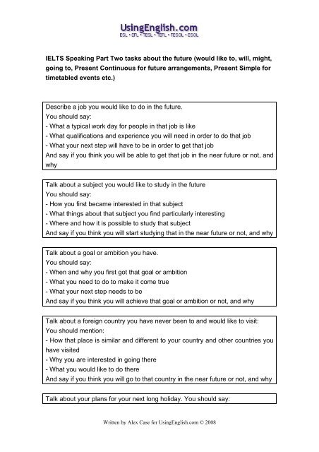 101 IELTS Speaking Part Two tasks about the - Usingenglish.com