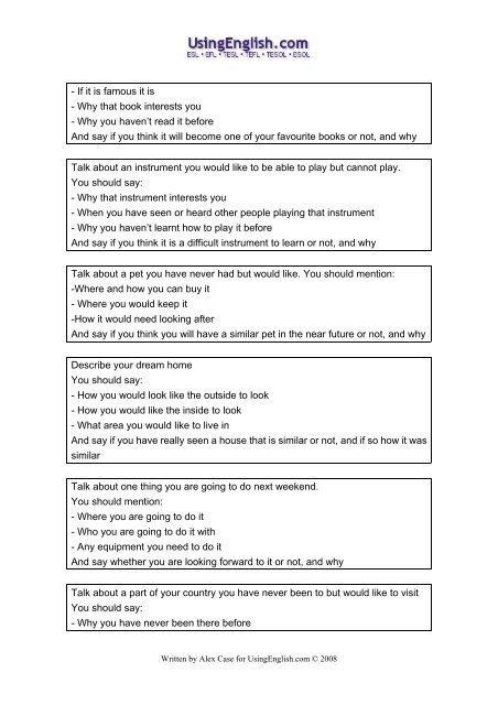 101 IELTS Speaking Part Two tasks about the - Usingenglish.com