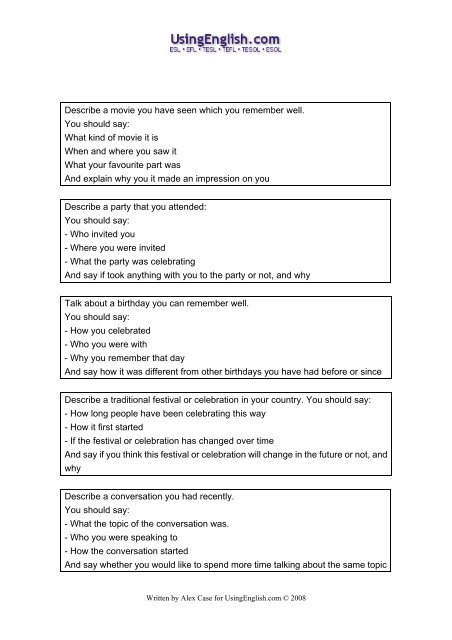 101 IELTS Speaking Part Two tasks about the - Usingenglish.com