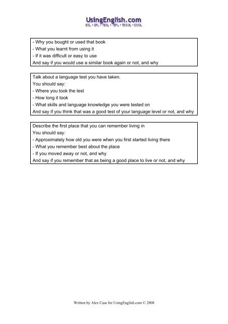 101 IELTS Speaking Part Two tasks about the - Usingenglish.com