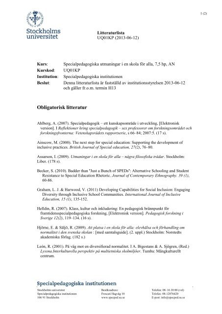 Litteraturlista fÃ¶r UQ01KP, ht-13 - Specialpedagogiska institutionen