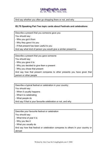 101 IELTS Speaking Part Two topic cards that - Usingenglish.com