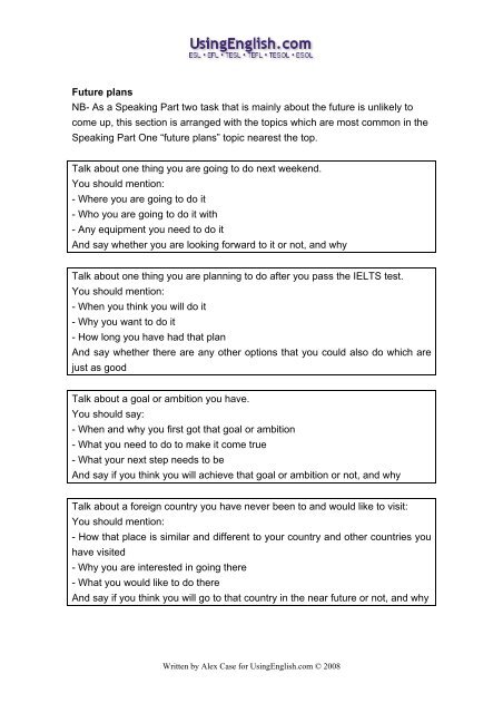 101 IELTS Speaking Part Two topic cards that - Usingenglish.com