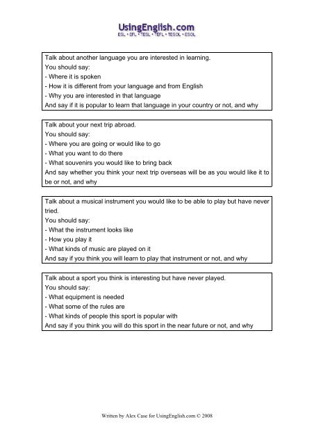 101 IELTS Speaking Part Two topic cards that - Usingenglish.com