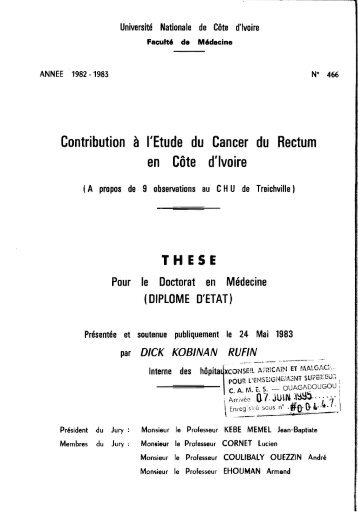 Contribution Ã  l'Etude du Cancer du Rectum en CÃ´te d'Ivoire