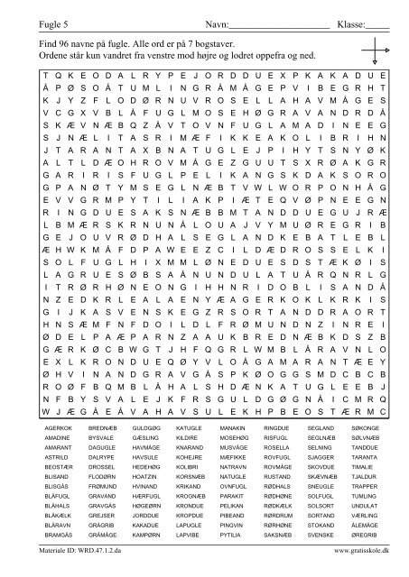 Find 96 navne pÃ¥ fugle. Alle ord er pÃ¥ 7 bogstaver ... - GratisSkole.dk