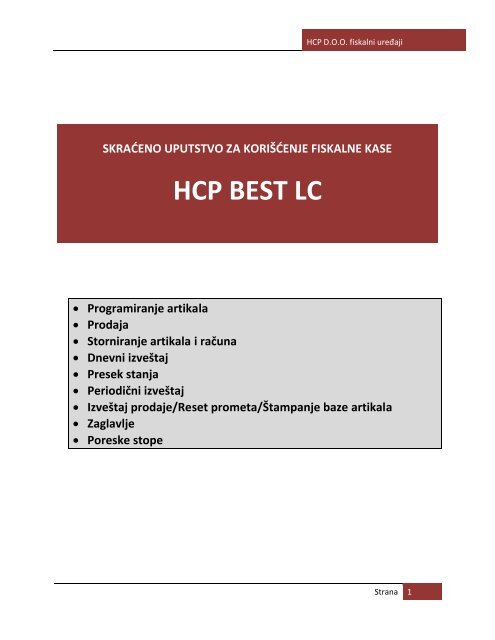 skraćeno uputstvo za korišćenje fiskalne kase hcp best lc - Hcp.rs