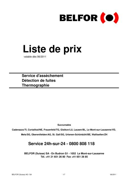 Liste de prix 2011 Service d'assechement_CH - Belfor