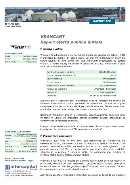 Raport Oferta Publica Initiala VRANCART - Kmarket.ro