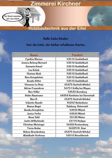 Hallo Liebe Kinder, hier die Liste, der bisher - Zimmerei Kirchner