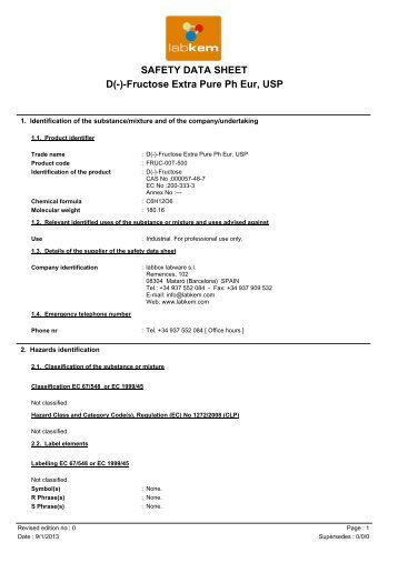 SAFETY DATA SHEET D(-)-Fructose Extra Pure Ph Eur, USP - Labbox