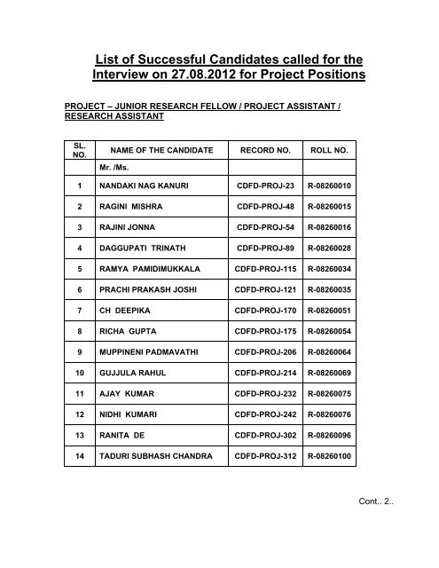 List of Successful Candidates called for the Interview on ... - CDFD