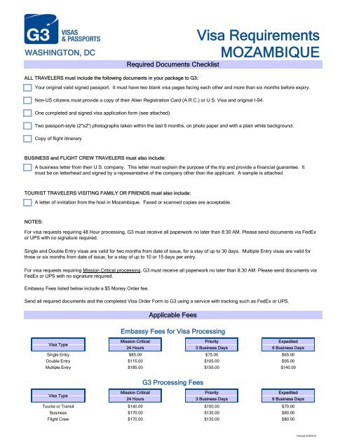 Visa Requirements MOZAMBIQUE - G3 Visas &amp; Passports