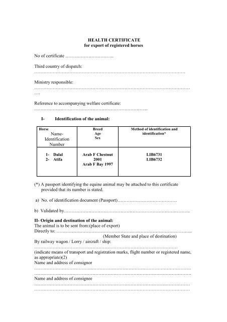 HEALTH CERTIFICATE for export of registered horses ... - Middle East