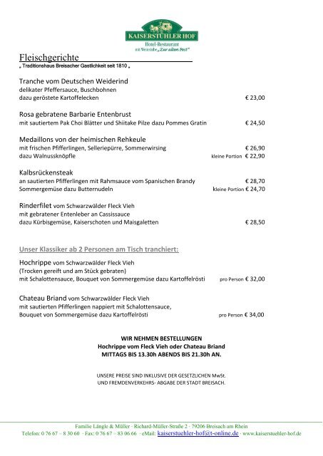 Speisekarte Restaurant - Kaiserstuehler Hof Breisach