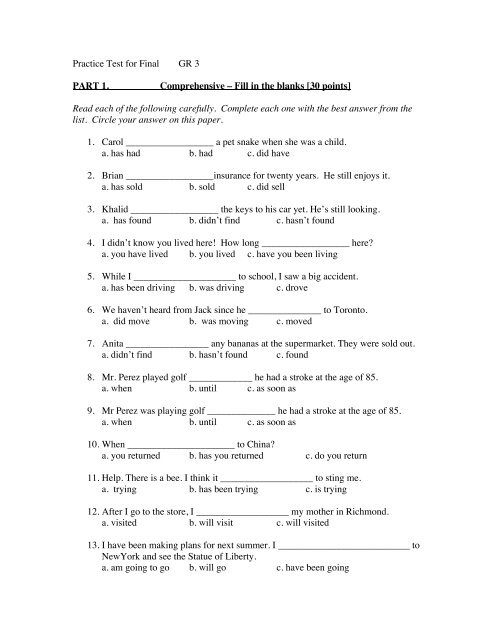 Practice Test for Final GR 3 PART 1. Comprehensive â Fill in the ...