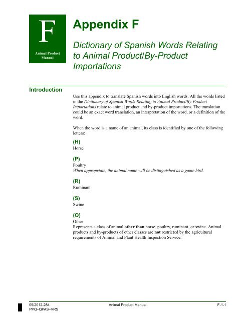 Appendix F 1 Dictionary of Spanish Words Relating to Animal - aphis