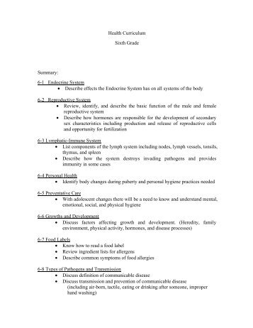 Health Curriculum Sixth Grade Summary: 6-1 Endocrine System ...