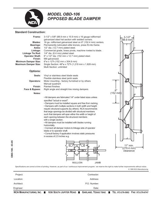 MODEL OBD-106 OPPOSED BLADE DAMPER - NCA Manufacturing