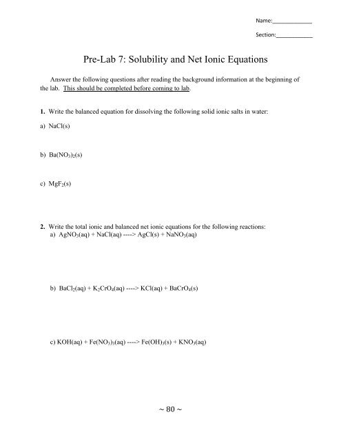 Pre-Lab 7: Solubility and Net Ionic Equations