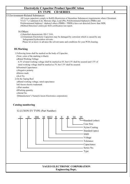 Electrolytic CApacitor Product SpecifiCAtion EV TYPE CD SERIES ...