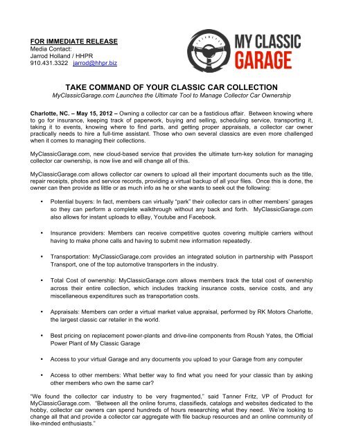 Myclassicgarage Launch Press Release