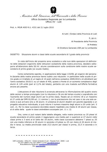 Lettera ai sindaci del Dirigente Scolastico Provinciale