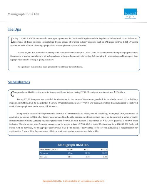 Manugraph India Ltd. (MIL) ` 52.5 (12/07/12)