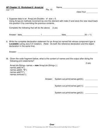 Worksheets Chapter 13 Worksheet ap chapter 13 worksheet 4 arrays name greenleecds com 6 arraylist com