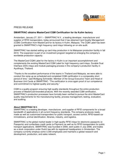 Smartrac Obtains MasterCard CQM Certification For Its Terrapinn