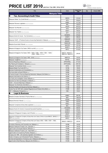 Malaysia Titles Tax, Accounting & Audit Titles Legal ... - CCH Malaysia