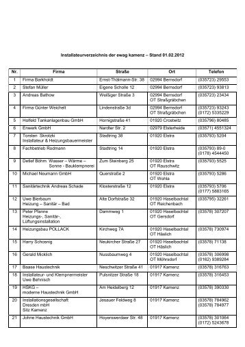 Installateurverzeichnis Stand 01 02 12