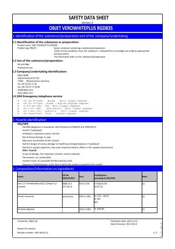 safety data sheet objet verowhiteplus rgd835 - Laser Lines Ltd.