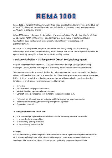 Servicemedarbeider â Gladengen Drift (REMA 1000/Reitangruppen)