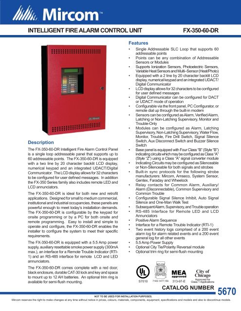intelligent fire alarm control panels fx-350-60-dr mea - Mircom