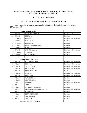 pg list of graduands - National Institute of Technology, Tiruchirappalli