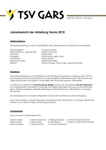 Jahresbericht der Abteilung Tennis 2010 - TSV Gars