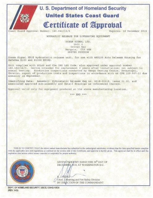 HR1E USCG Certificate of Approval - Ocean Signal