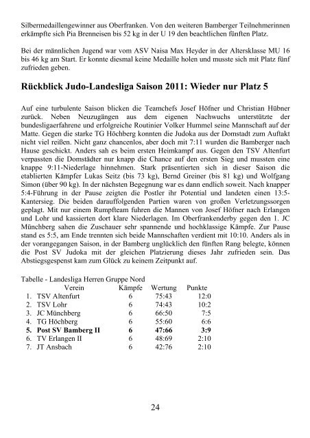 Ehrentafel 2011 - Postsportverein Bamberg