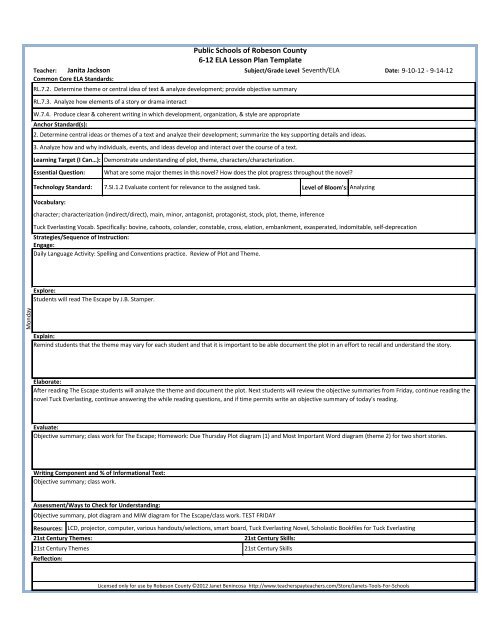 Public Schools of Robeson County 6-12 ELA Lesson Plan Template