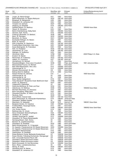 OPUSLISTE STAND April 2011 Opus Ort Man/Reg ... - Orgelbau Klais