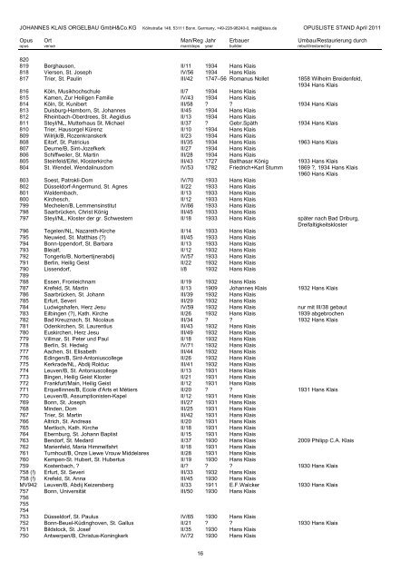 OPUSLISTE STAND April 2011 Opus Ort Man/Reg ... - Orgelbau Klais