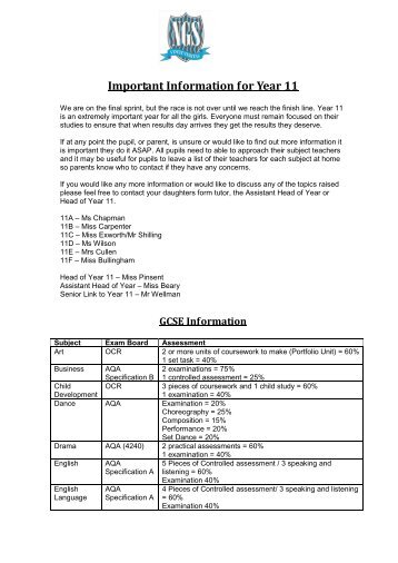 Year 11 Important Information 2012-13 - Newlands Girls' School