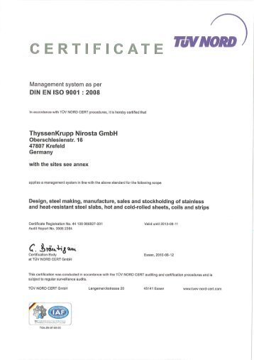 Certificate ISO 9001 (PDF - 524 KB) - ThyssenKrupp Nirosta