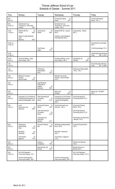 Thomas Jefferson School of Law Schedule of Classes - Summer 2011
