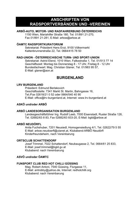 anschriften von radsportverbänden und -vereinen - Radsportfieber