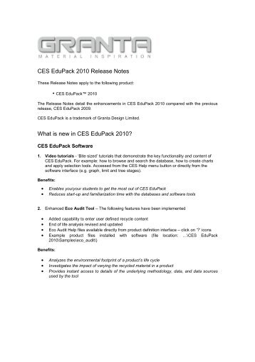 CES EduPack 2010 Release Notes - Granta Design
