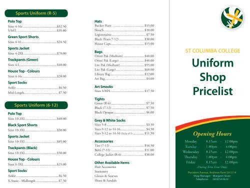 Uniform Shop Pricelist St Columba College