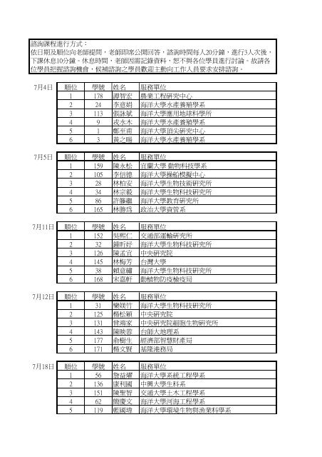 7月4日順位學號姓名服務單位1 178 譚智宏農業工程研究中心2 24 ...
